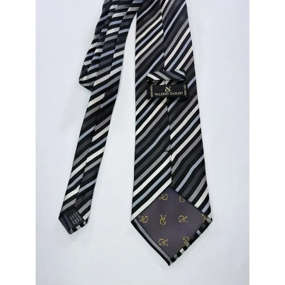 Valerio Garati 100% Silk Striped Woven Tie Black Gray White Pointed